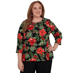 Plus Size Alfred Dunner Classics 3/4 Sleeve Poinsettia Blouse