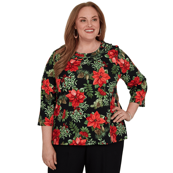 Plus Size Alfred Dunner Classics 3/4 Sleeve Poinsettia Blouse