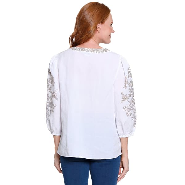 Petite Multiples 3/4 Sleeve Embroidered Placket Crinkle Blouse