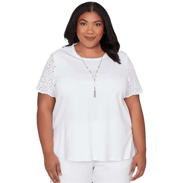 Plus Size Alfred Dunner Classics Short Eyelet Sleeve Solid Blouse