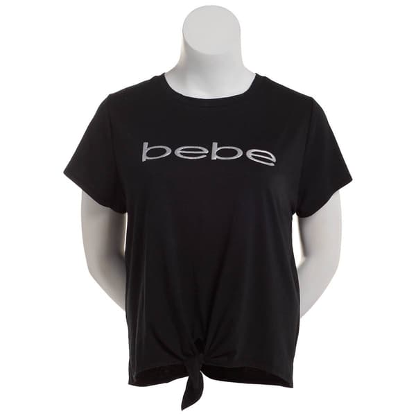 Plus Size Bebe Tie Front Short Sleeve Glitter Logo Tee - Black