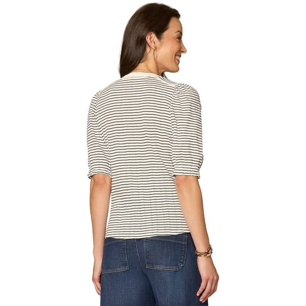 Womens Democracy Elbow Puff Sleeve Split Neck Stripe Blouse