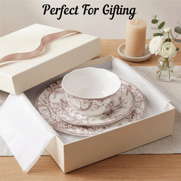 222 Fifth Adelaide Brown on White Porcelain 12pc. Dinnerware Set