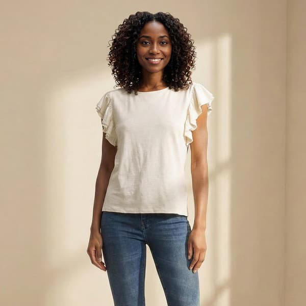 Womens Nicole Miller Cap Ruffle Sleeve Solid Linen Slub Blouse - image 
