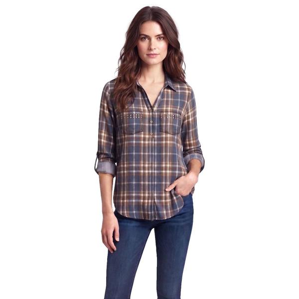 Womens French Laundry Long Sleeve Plaid Blouse w/ Rhinestones