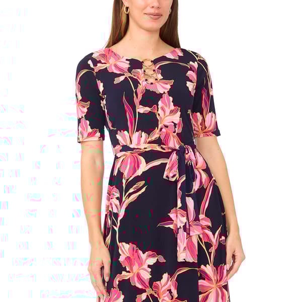 Womens MSK Short Sleeve Floral O-Ring Midi Dress
