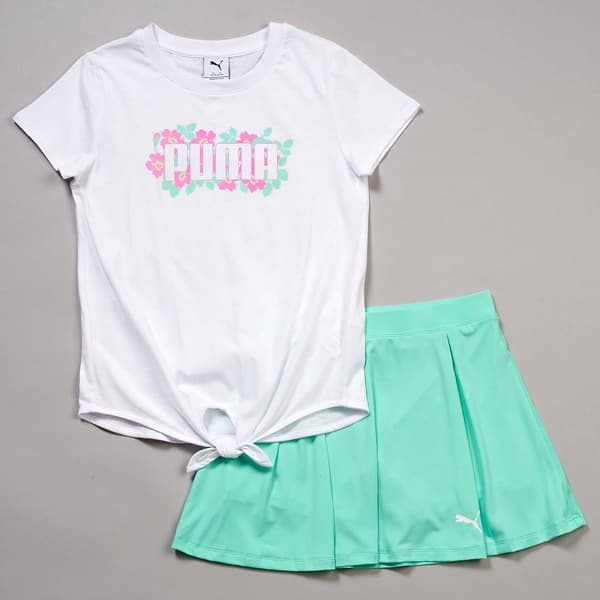 Girls (7-16) Puma(R) Pixelated Floral Tie Front Tee w/ Skort Set - image 