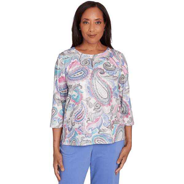 Womens Alfred Dunner Casual Vibe Pleated Paisley Crew Neck Top