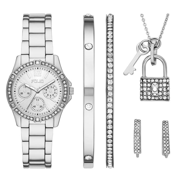 Womens Folio Silver-Tone Watch &amp; Jewelry Set - FMDFL2055