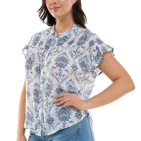 Womens Zac & Rachel Short Ruffle Sleeve Button Down Blouse