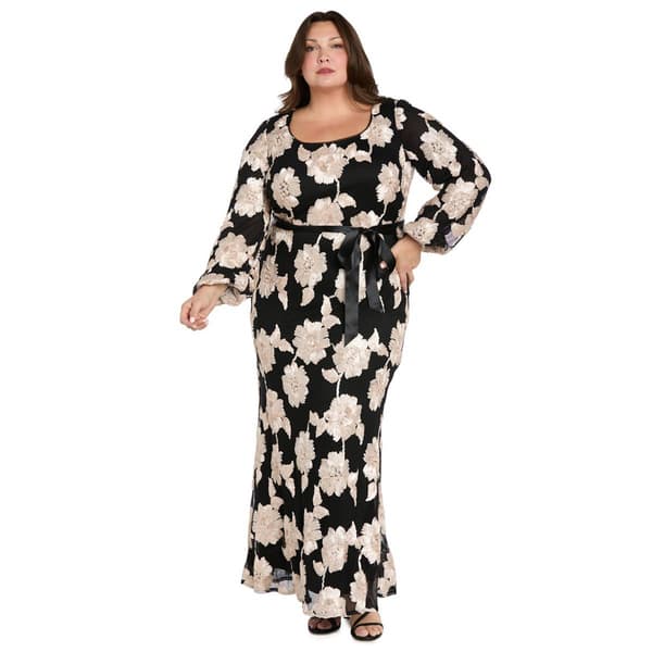 Plus Size R&M Richards Long Sleeve Mesh Soutache Floral Gown - image 