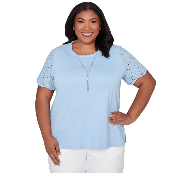 Plus Size Alfred Dunner Classics Short Eyelet Sleeve Solid Blouse - image 