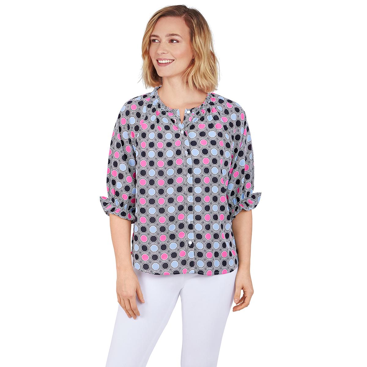Womens Ruby Rd. Oh Happy Day Button Front Geo Blouse