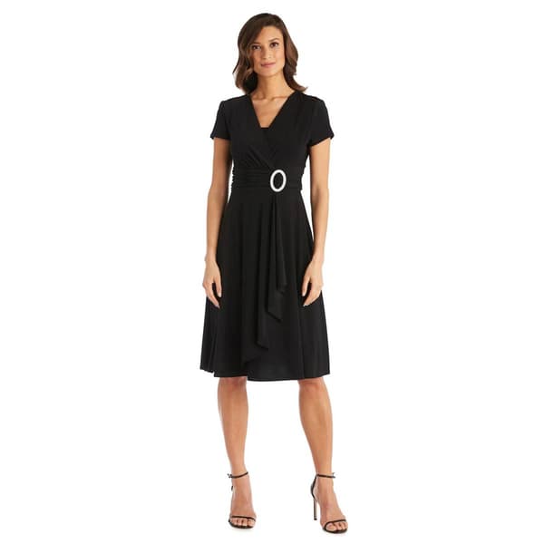 Womens R&M Richards Short Sleeve Ruched Rhinestone Trim Dress