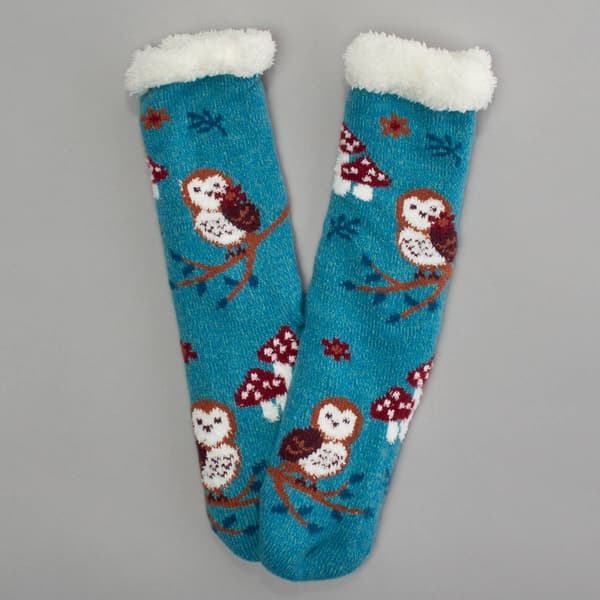 Womens Fuzzy Babba Owl And Mushroom Long Cozy Slipper Socks - image 