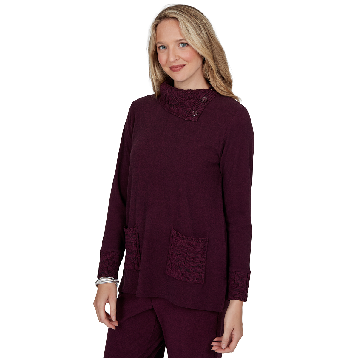 Womens Ruby Rd. Premium Luxe Rib Cable Knit Trim Sweater
