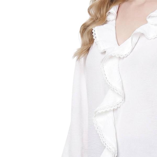 Petite NY Collection Long Sleeve Solid Ruffle Lace Trim Blouse