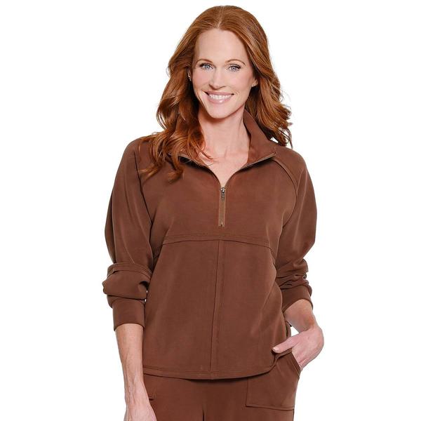 Womens Multiples Long Raglan Sleeve Mock Neck Zip Front Solid Top - image 