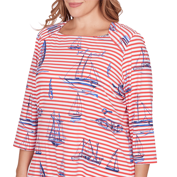 Plus Size Ruby Rd. Must Haves II 3/4 Sleeve Stripe Sailboat Tee