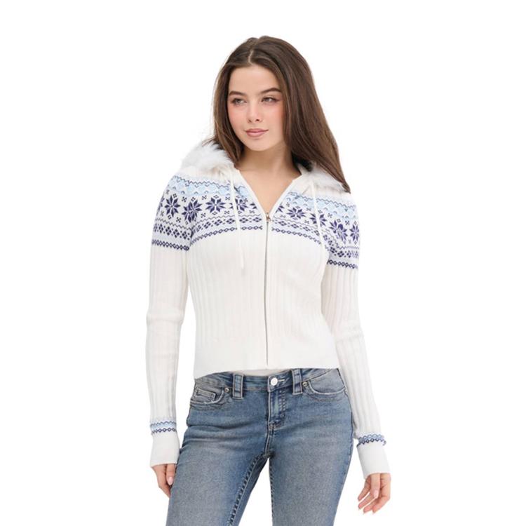 Juniors Madden Girl Fair Isle Fur Trim Hood Zip Up
