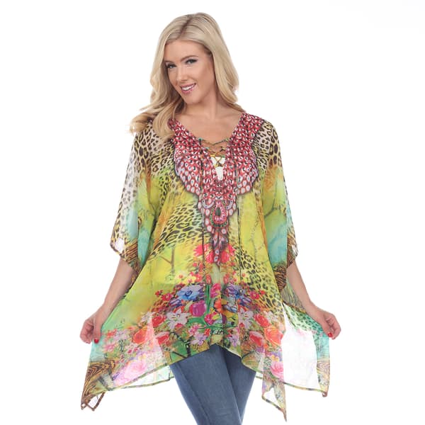 Womens White Mark Yellow Leopard Abstract Poncho - image 
