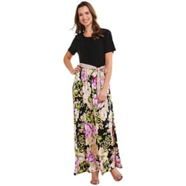 Plus Size Ellen Weaver Solid/Floral Bottom Maxi Dress-Black/Taupe