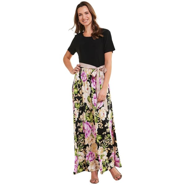 Petite Ellen Weaver Solid/Floral Bottom Maxi Dress-Black/Taupe - image 