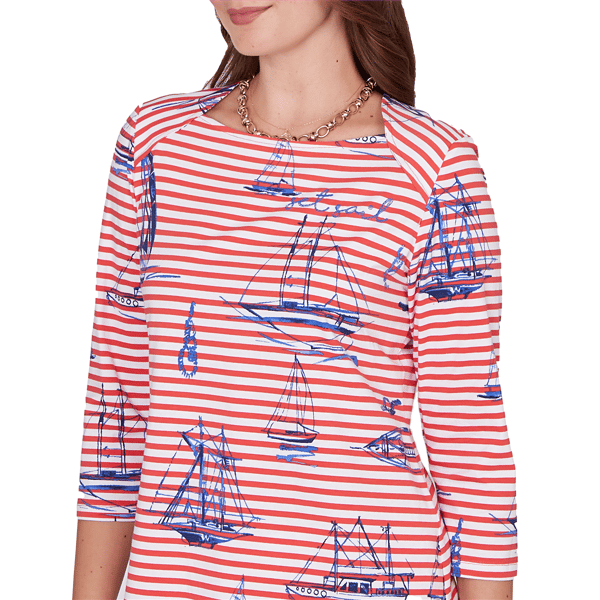 Womens Ruby Rd. Must Haves II 3/4 Sleeve Stripe Sailboat Tee