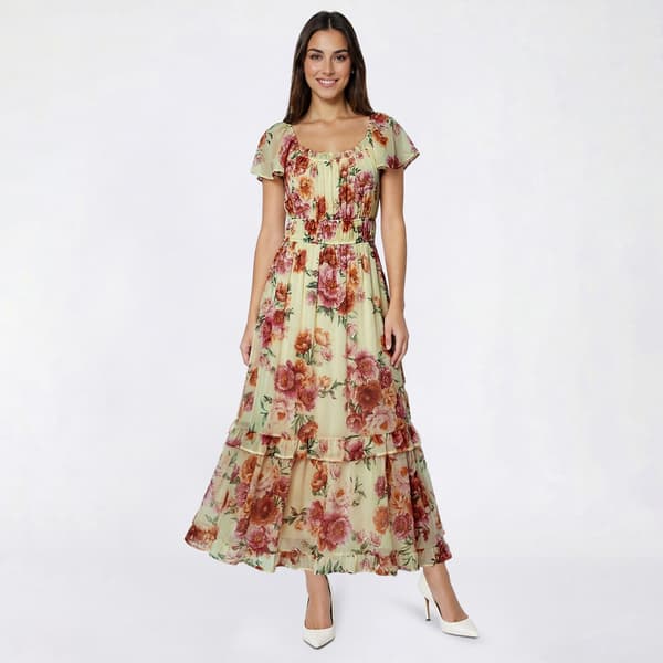 Womens Luxology Flutter Sleeve Floral Tier Midi Dress