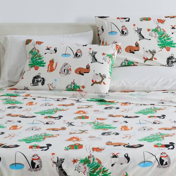Freshfolds Cotton Cat Festivities Holiday 4pc. Flannel Sheet Set