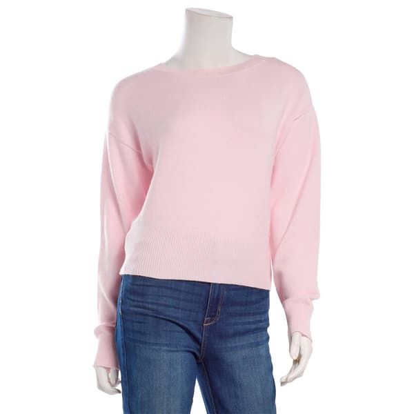 Juniors Pink Rose Ballet Neck Ribbed Pullover Sweater - Pink