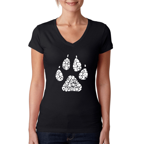 Womens LA Pop Art Dog Mom Word Art V-Neck T-Shirt