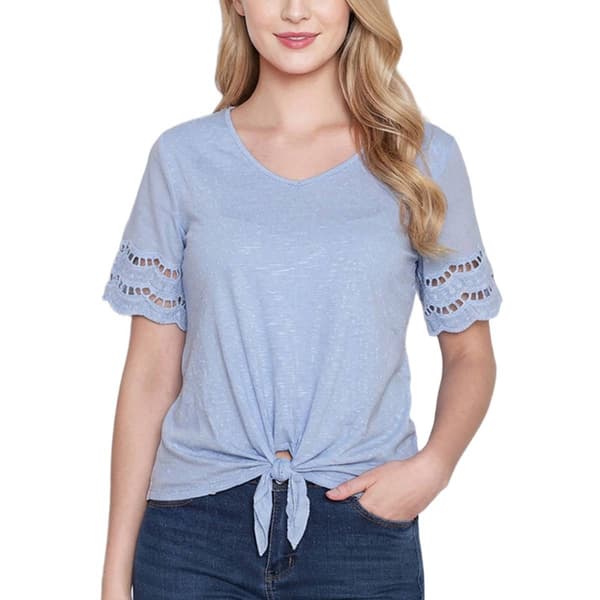 Womens NY Collection Short Sleeve Eyelet Trim Tie Front Blouse - image 