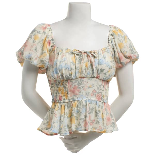 Juniors Trixxi Short Sleeve Puff Gauze Side Smocked Top