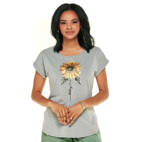 Womens Tru Self Short Sleeve Dolman Floral Sunflower Graphic Tee - image 