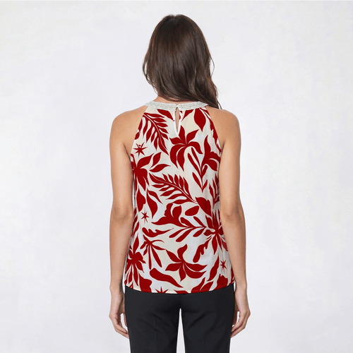 Womens Como Black High Neck Crochet Trim Tropical Leaf Tank Top