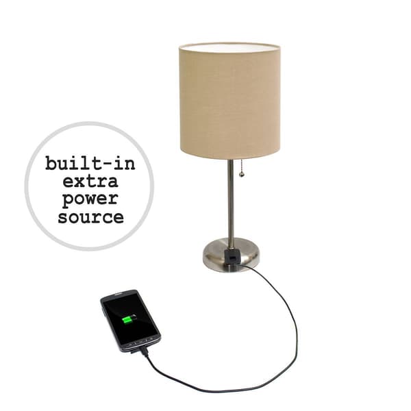 LimeLights Brush Steel Lamp w/Charging Outlet/Tan Shade-Set of 2
