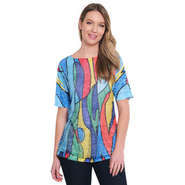 Plus Size Ali Miles 3/4 Sleeve Double Layer Abstract Print Top