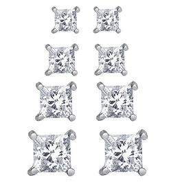 Plated 4 Pair Square Cubic Zirconia Stud Earrings