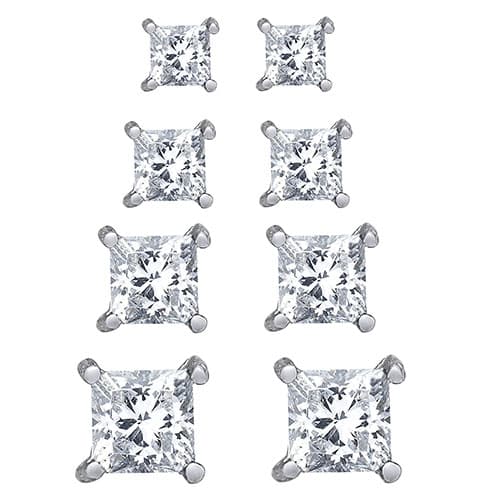 Plated 4 Pair Square Cubic Zirconia Stud Earrings - image 
