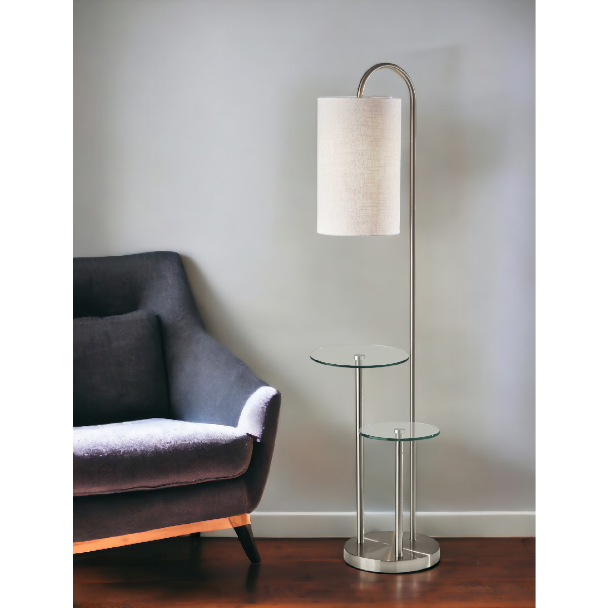 HomeRoots 66in. Silver Tray Table Floor Lamp With Drum Shade