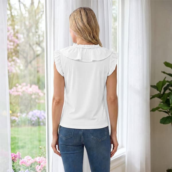 Womens Nicole Miller Cap Ruffle Sleeve V Neck Ribbed Blouse