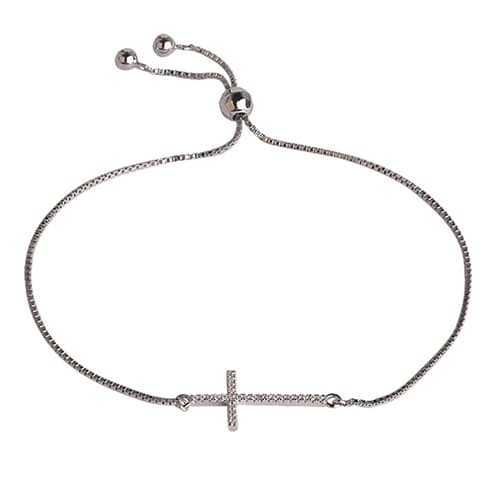 Sterling Silver Diamond Simulant Cross Adjustable Bracelet