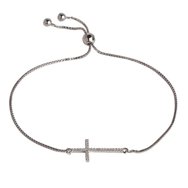 Sterling Silver Diamond Simulant Cross Adjustable Bracelet - image 