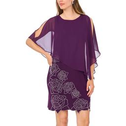 Womens MSK Solid Sheer Rose Bead Trim Shift Dress with Capelet