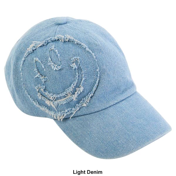 Womens Steve Madden Smiley Distressed Denim Baseball Cap