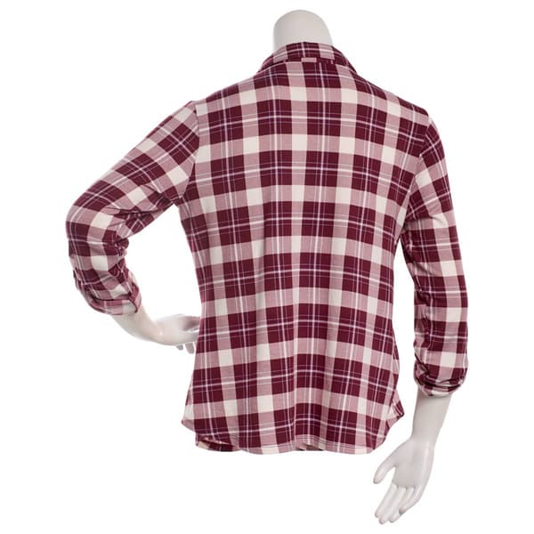 Juniors No Comment Fleece Plaid Flannel with Shirttail Hem-Maroon