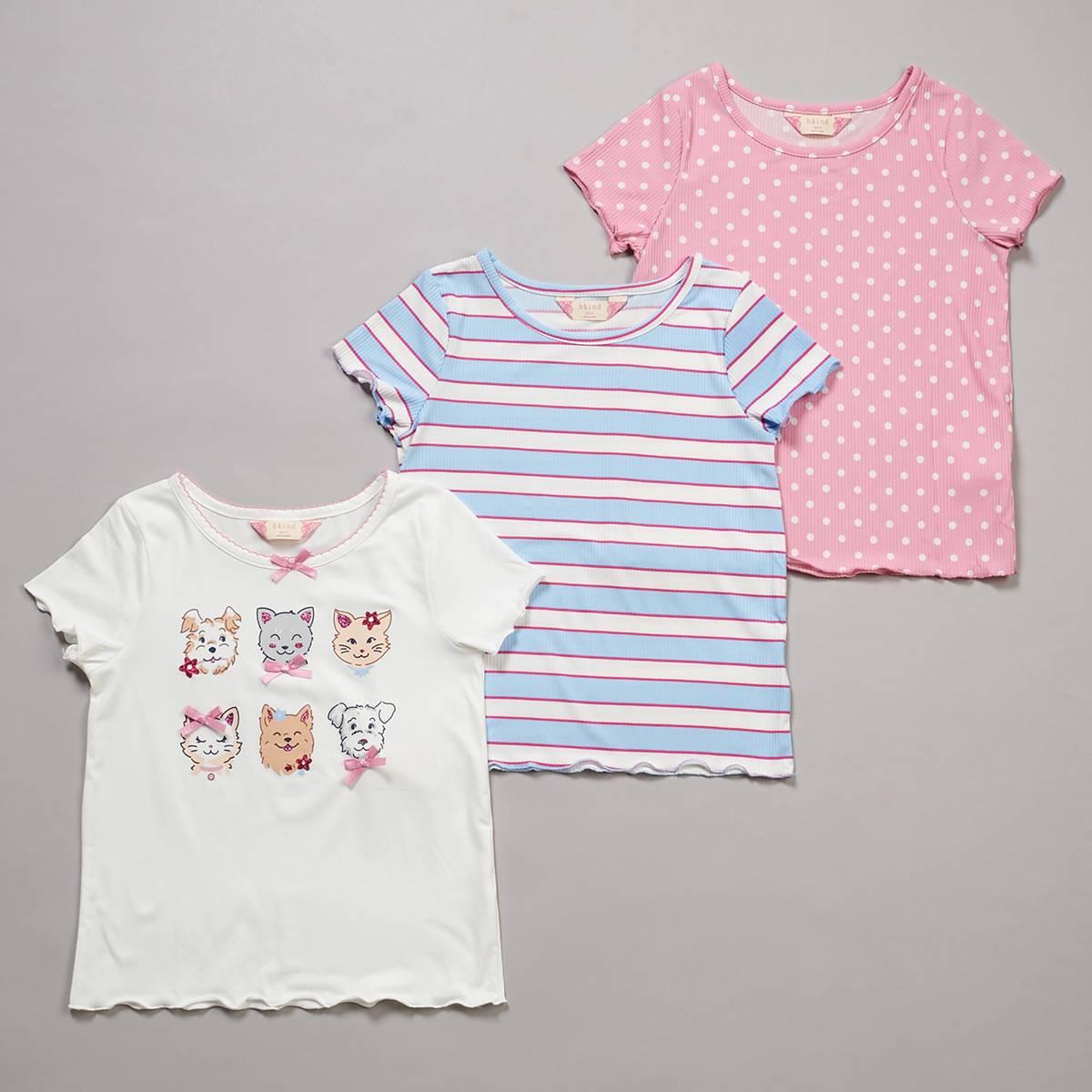 Girls (7-16) Bkind 3pk. Cat & Dog/Stripes/Dots Tees