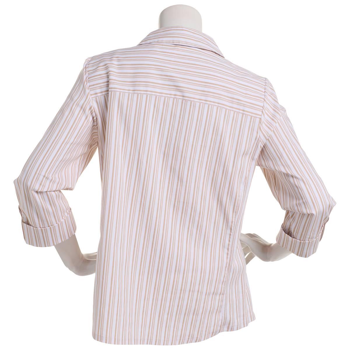 Petite Emily Daniels Knit To Fit Stripe Blouse-White/Tan