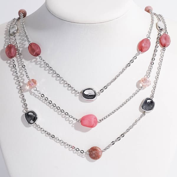 Ashley Cooper(tm) Pink & Nugget Bead Station 3 Row Necklace - image 